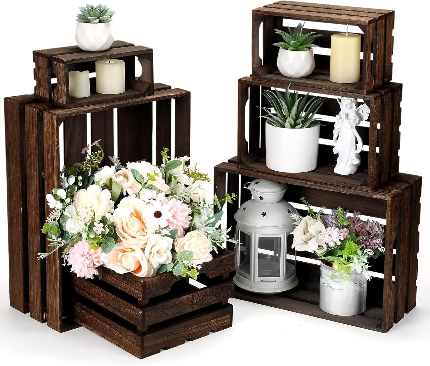 

6 деревянных ящиков в деревенском стиле для хранения и демонстрации, винтажные коробки-гнезда в фермерском стиле с ручками - темно-коричневые