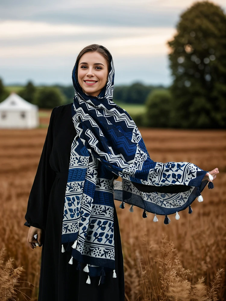 العرقية المطبوعة القطن الحجاب فسكوزي شرابات وشاح للمرأة المسلمة الحجاب شالات سيدة لينة طويلة يلتف Islim عقال عمامة