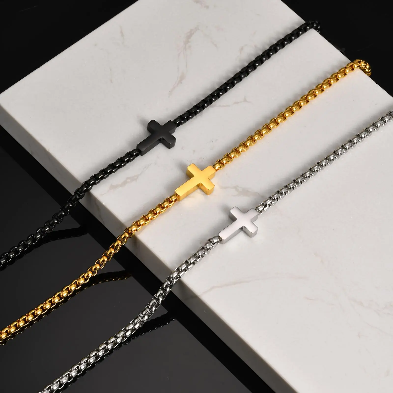 Klasse-Kreuz-Halsketten für Männer und Jungen, einfacher quadratischer Box-Kettenkragen aus Edelstahl, neue Hiphop-Schmuckgeschenke – Detail 1