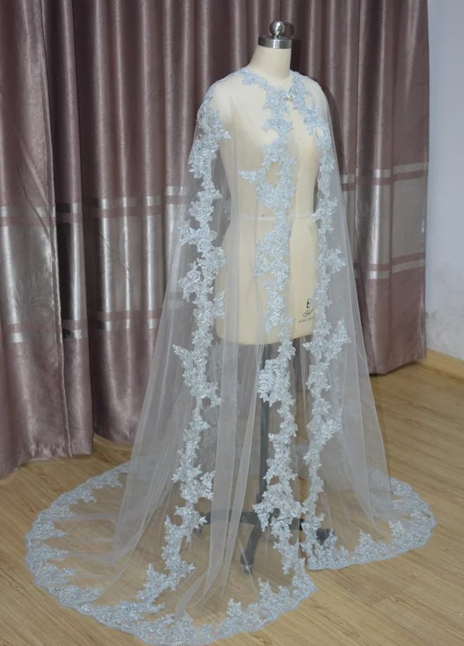 Frauen Schleier Umhang Tüll Spitze Applikation Hochzeit Umhänge Braut Wraps Zug Schals Umhang Hochzeit Zubehör weißen Umhang Bolero