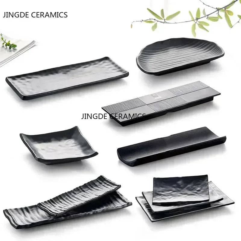 Black Scrub Striped Barbecue Meat Sushi Plate Melamine Kitchen Cutlery Korean Cuisine Saury Fruit Dessert Sushi Storage Plate