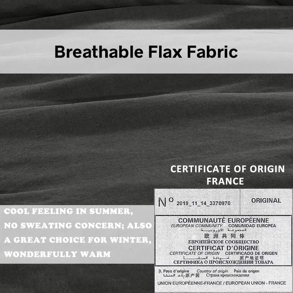 طقم غطاء لحاف من الكتان بحافة مطرزة - 3 قطع (غطاء واحد + 2 شمس)، زر إغلاق، مسامي، نمط المزرعة، رمادي داكن #4