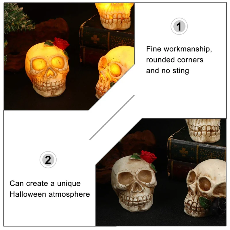 Home Decor Halloween Skull Statue Light LED Day of Dead Flower Skull Figurine Night Light Resin Horror Skull Prop C