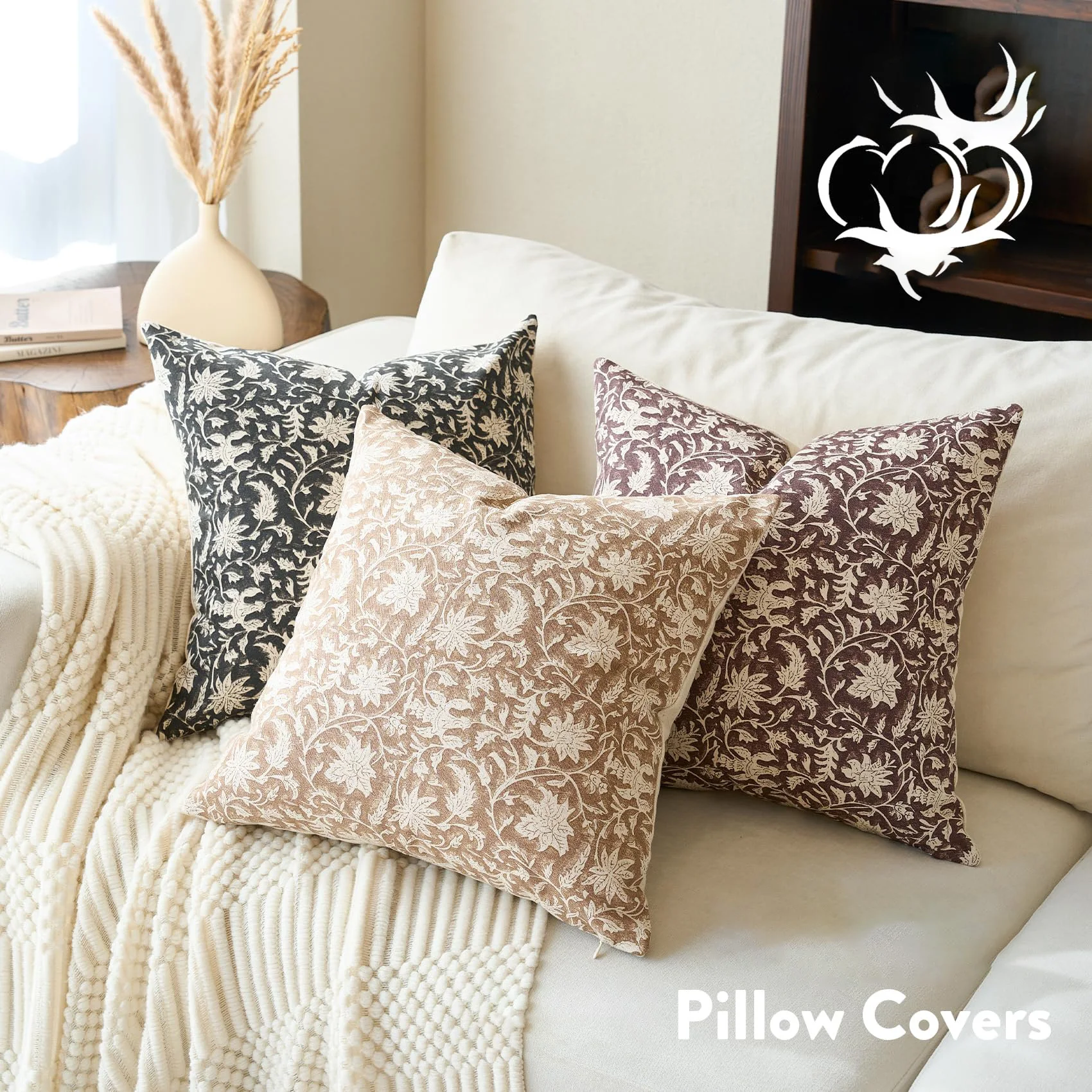 Floral Throw Pillow Covers Farmhouse Block Print Pillow Covers Decorative Pillow Covers Couch Pillows for Vintage Sofa Set of 2 4