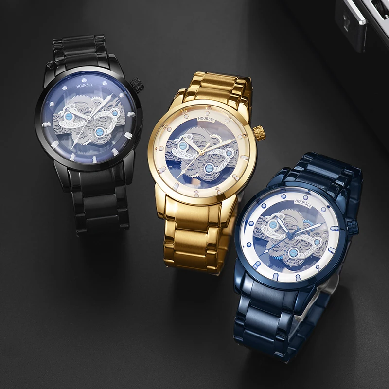 Luxury Men Watch Male Quartz Wristwatch Black Blue Gold Skeleton Hollow Dial Stainless Steel Reloj Business Man Steampunk Clock