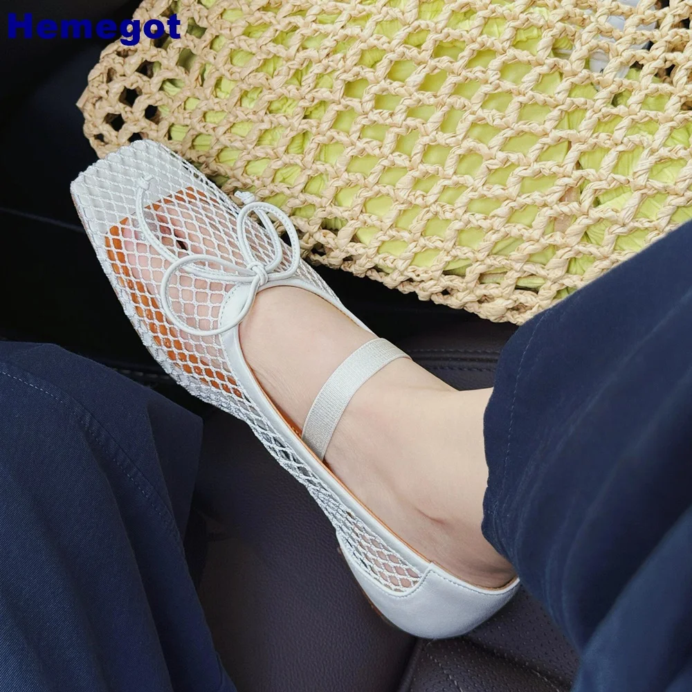 

Square Toe Bowknot Mesh Sandals 2024 Summer New Hollow Outdoor Casual Flat Mary Janes White Fashion Women Spumps