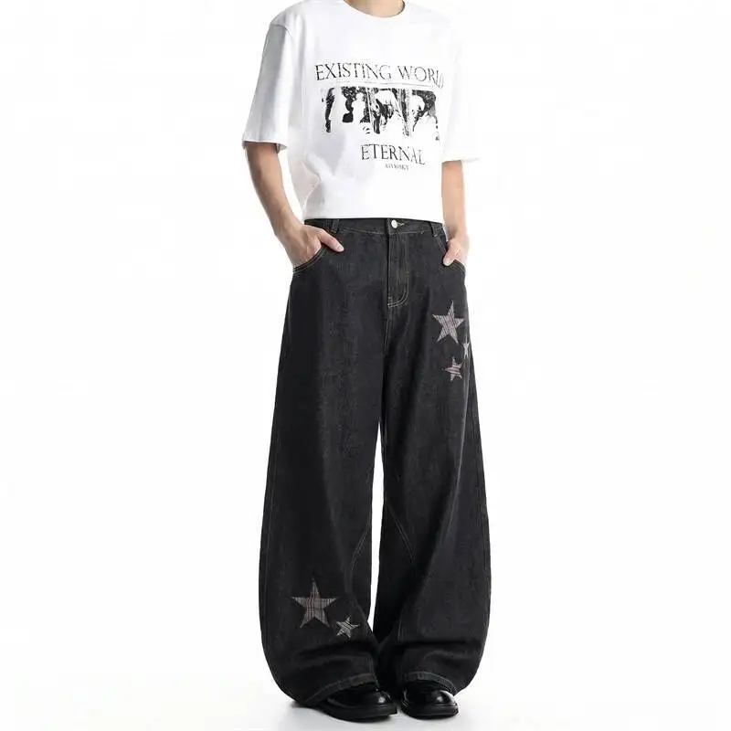 American Style Star Embroidered Deconstructed Curvedcut Jeans Loose Fitting Stylish Wide Leg Denim Long Pants