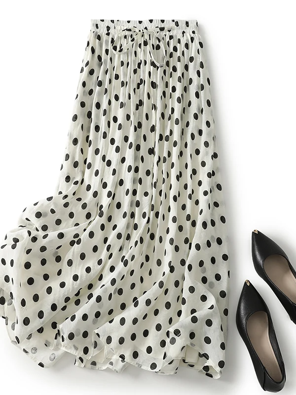 

Retro Polka Dot Print f Skirt Women's Summer Dstring Elastic High Waist Dra A-Line Midi Skirt Commute Sle