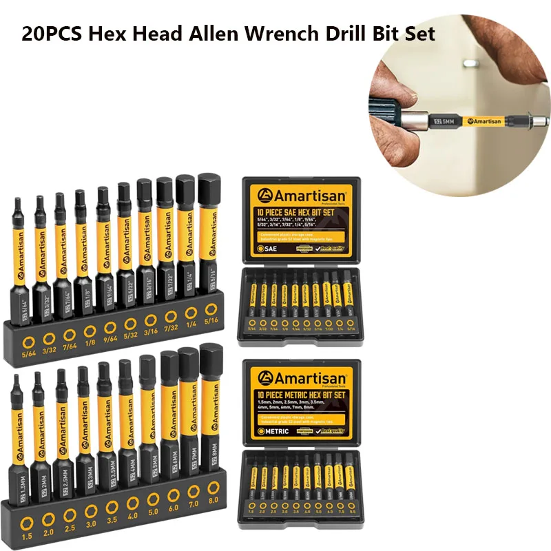 

20Pcs Hex Head Allen Wrench Drill Bit Set 1/4inch S2 Alloy Steel Impact Hex Bit Magnetic Hex Shank Screw Driver Repair Tool