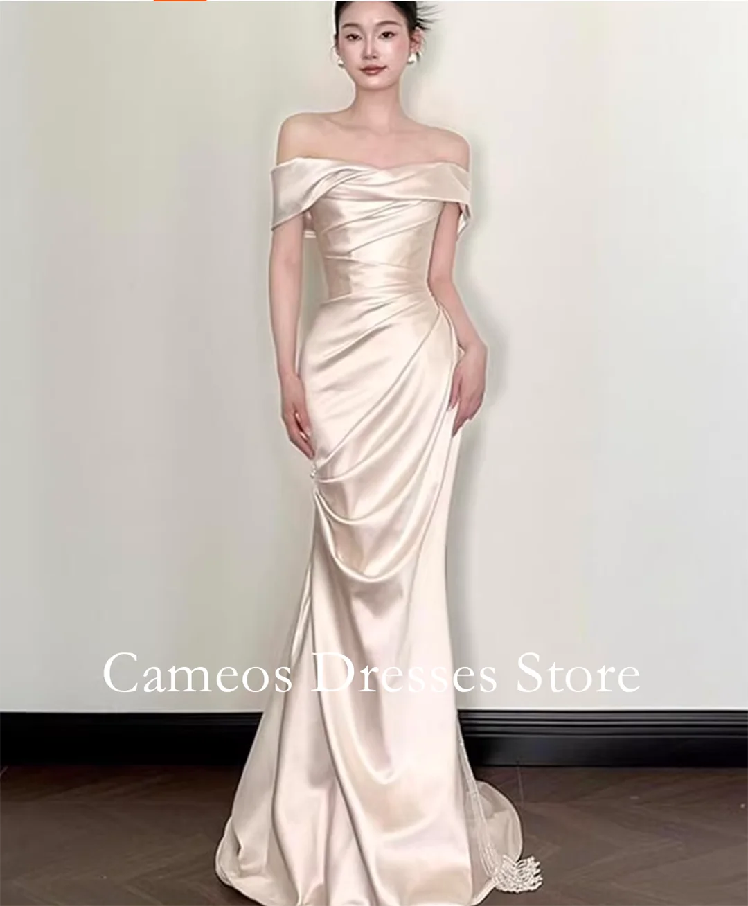 

Свадебные платья SONDR на заказ с открытыми плечами, цвета шампань, с драпировкой, из шелкового атласа, со шлейфом, для невест, женские свадебные платья