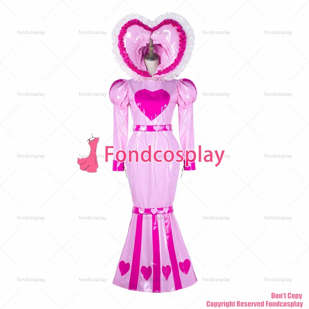 fondcosplay الكبار مثير عبر خلع الملابس سيسي خادمة طويلة الطفل الوردي الثقيلة PVC فستان ذيل السمكة قابل للقفل القلب هود CD/TV [G2339]