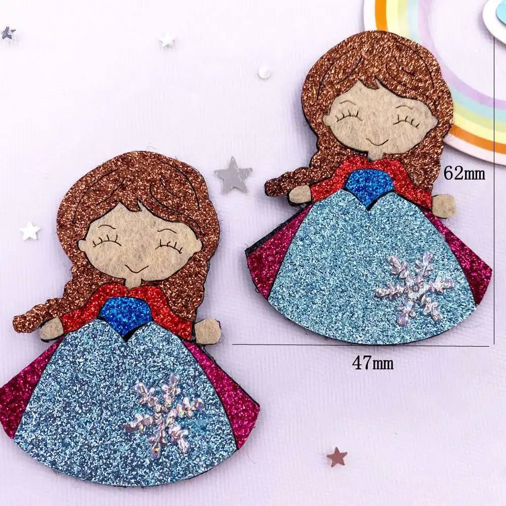 6pcs Felt Fabric Colorful Glitter Bepowder Cartoon Princess Snow Flower Patch Applique Sewing DIY Hair Bow Crafts Supplies XE816