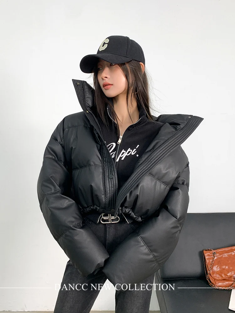 Zoki-Casaco de PU inchado feminino, Parkas vintage americano recortado, manga comprida grossa quente, casacos soltos de algodão, streetwear moto,