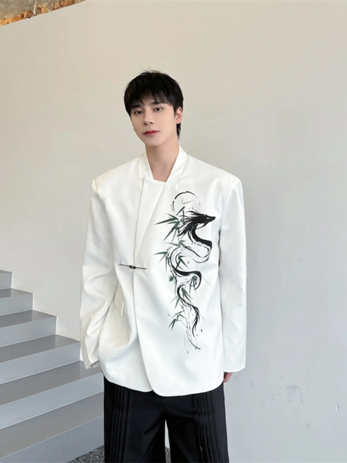 

Мужской костюм свободного кроя в китайском стиле, с принтом, воротником-стойкой, модный, универсальный, с длинными рукавами, для весны и осени