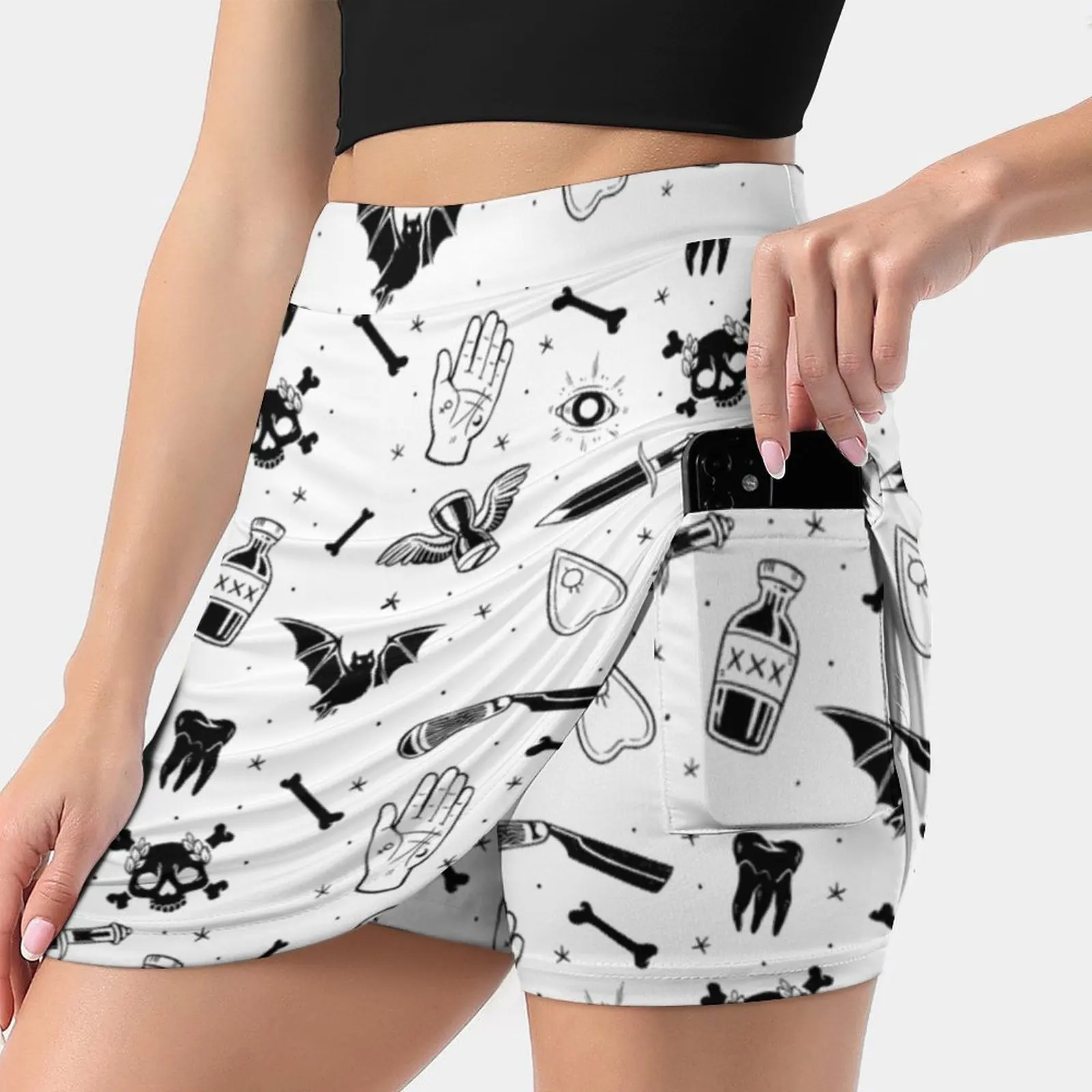 A Few Of My Macabre Things ( On White ) Women's Fashion Sporting Skirt With Pockets Tennis Golf Running Skirts Bones Skulls