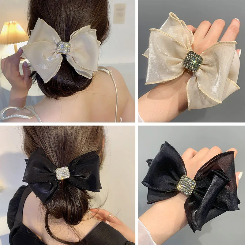 Korea New Sweet Headdress Hair Rope Organza Bow Tie Rhinestone Girl Elegant Hair Tie for Women Fashion Sweet Hair Accessories