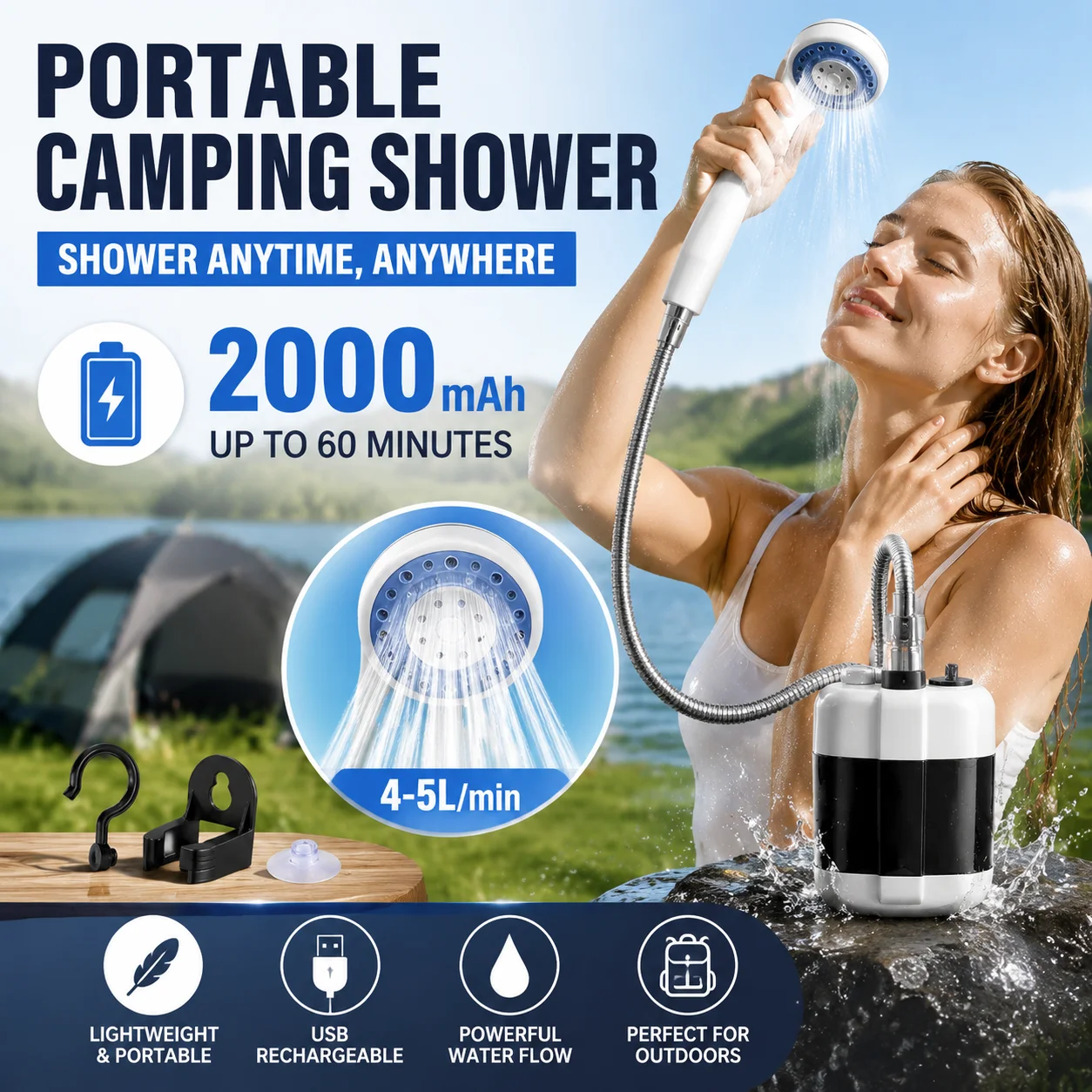 Image of Wiederaufladbare Campingdusche, tragbare Outdoor-Duschpumpe, USB 2000mAh Batterie-Duschset, 4-5L/min Wasserdurchfluss für Wohnmobile, Wandern, Strandreisen, Auto- und Haustierwäsche