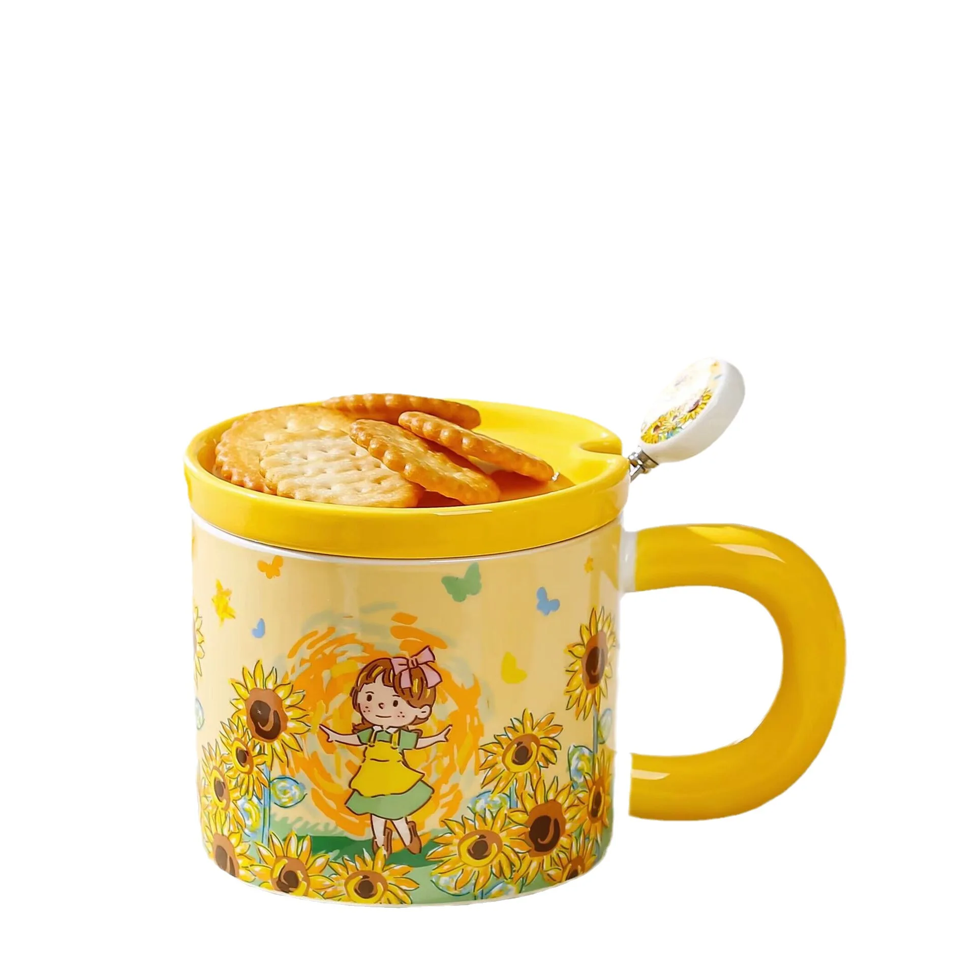 Vintage Cartoon Van Gogh World Coffee Ceramic Cup Creative Cup with Lid Personalized Breakfast Cup High Beauty Mug