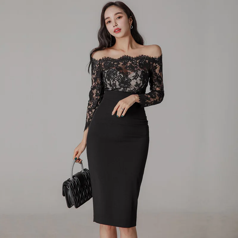 Fashionable Wave One line Neck Temperament Dress Spring/Summer New Flower Lace Embroidery Splicing Slim Fit Wrapped Hip Dresses