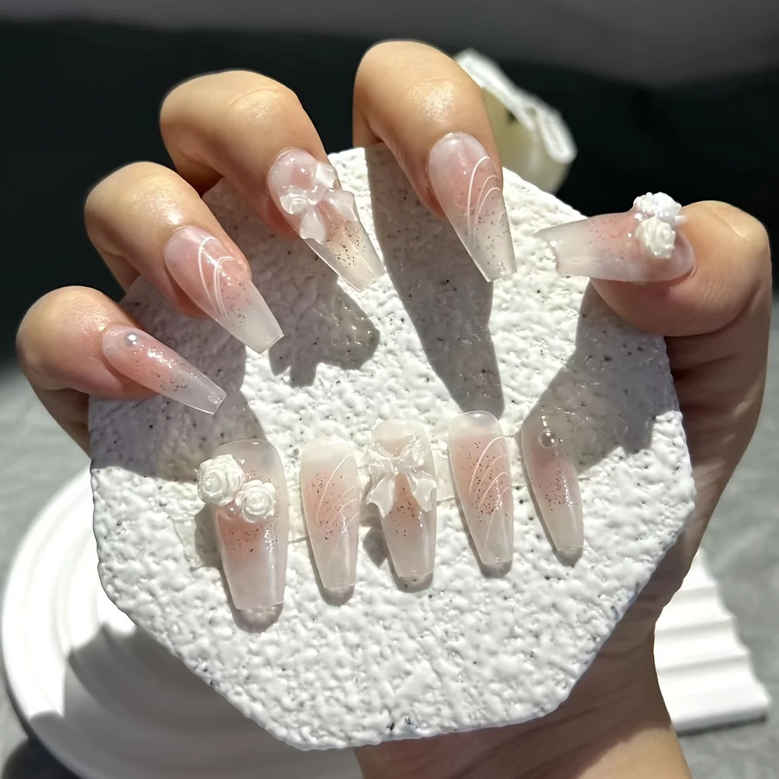 10 piezas arco rosa seductor inocente dulce chica uñas postizas Otoño Invierno Camelia hecho a mano arte de uñas arco rubor uñas artificiales