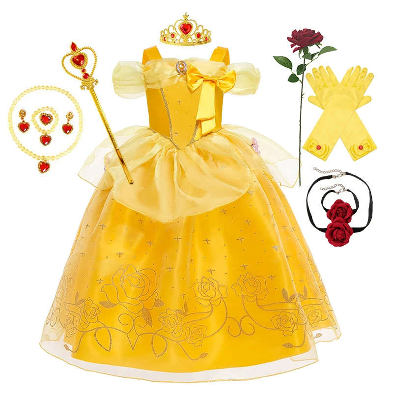 

Kids Cosplay Beauty and the Beast Heroine Belle Princess Dress Girls Party Costume Children Fancy Birthday Party Flower Disguise