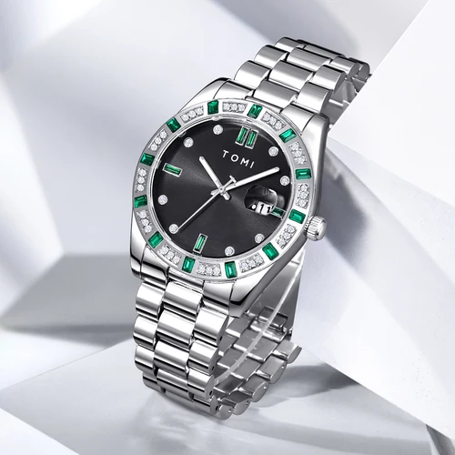 Imagen 2 del producto TOMI, 4 Uds., reloj de lujo para hombres de negocios, conjunto con caja de regalo, caja de diamantes de lujo, calendario, correa de acero inoxidable, reloj de cuarzo para hombres