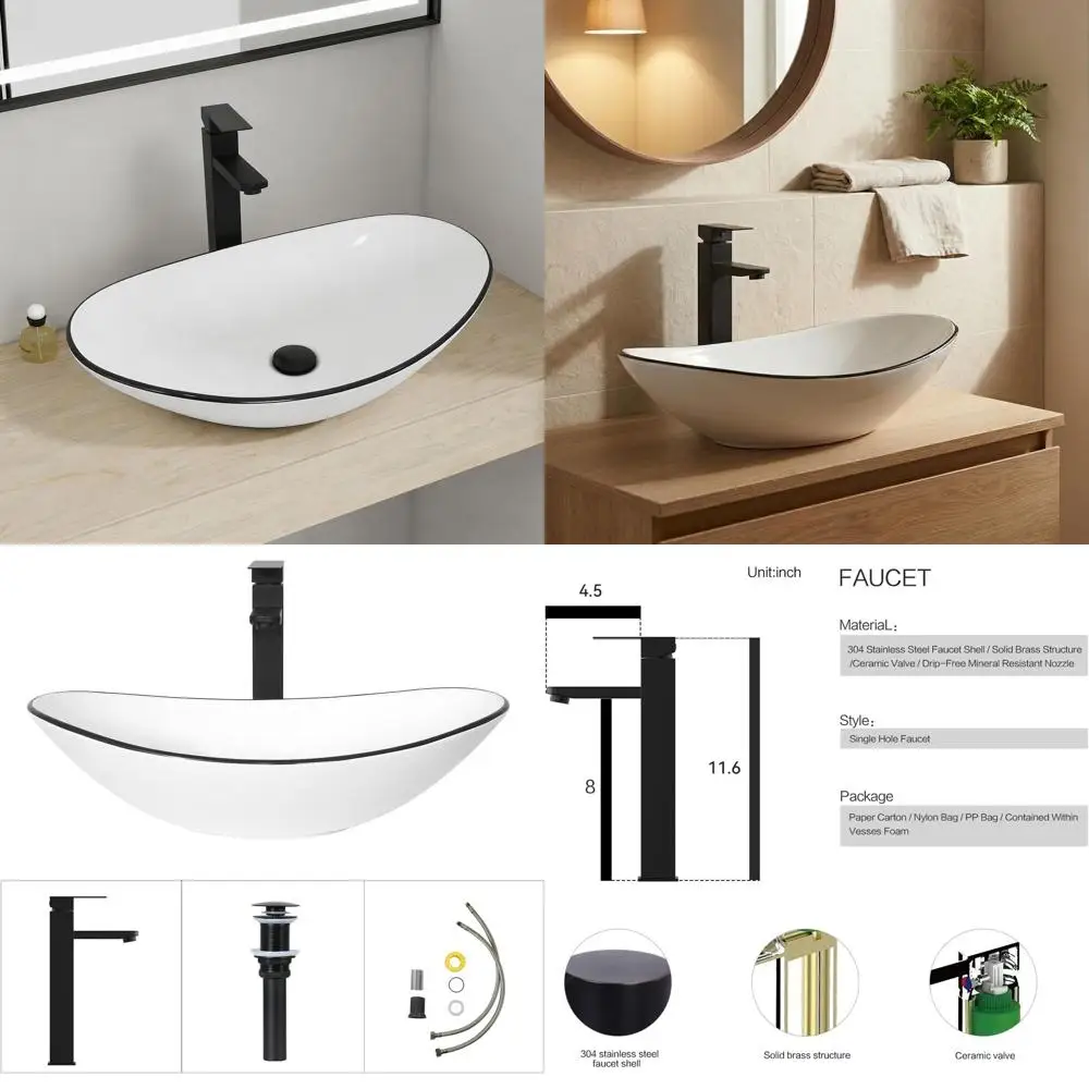 White Boat-Shaped Porcelain Above Counter Sink with Black Faucet and Up-Drain Set
