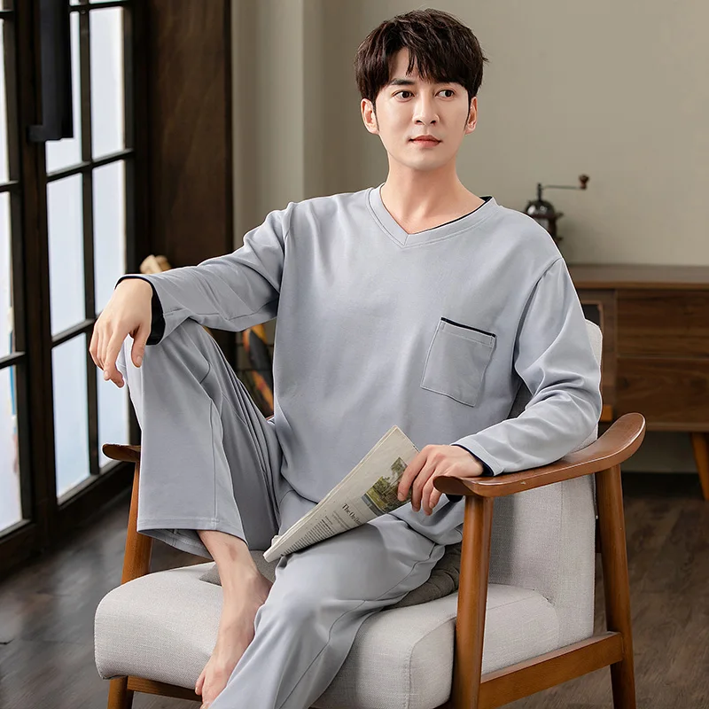 Men\'s V-Neck Cotton Pajamas Set Autumn Long-Sleeve Tops + Long Pants Nightwear Home Wear Suits Simple Fashion Sleepwear For Male