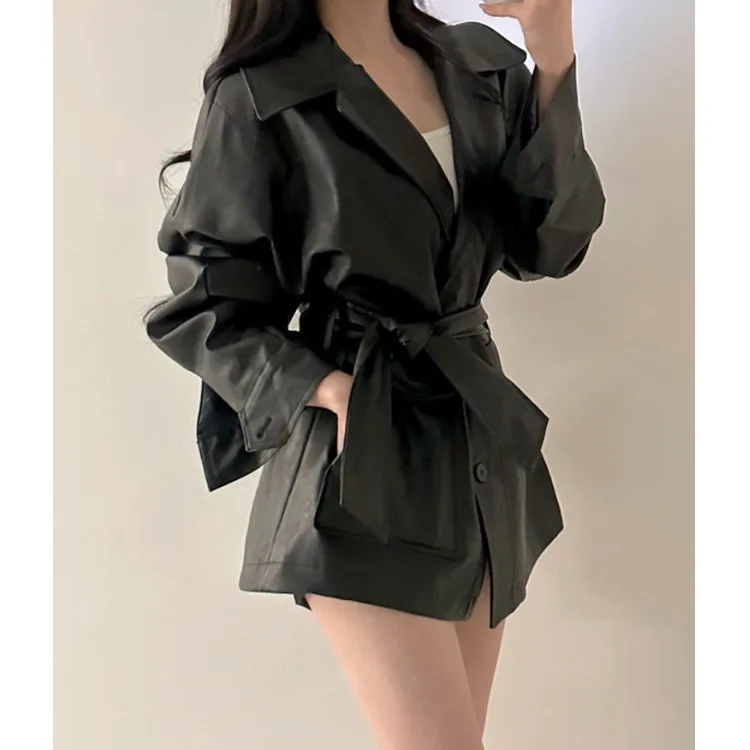 

Женское шикарное тюлевое пальто из искусственной кожи средней длины с воротником-стойкой и застежкой на талии для похудения, осень-зима, модное элитное ощущение