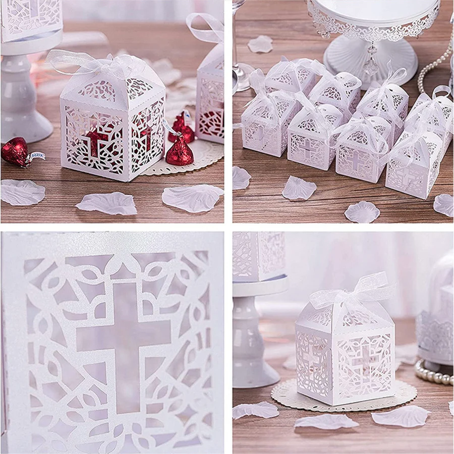 Laser Cut Cross White Candy Boxes with Tags & Ribbons