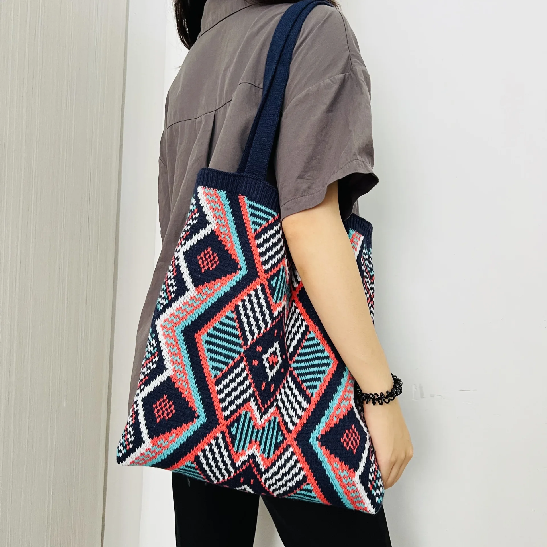 Casual Chic Ethnic Style Handwoven Wool Knit Shoulder Bag Large Navy Blue Plaid Diamond Lattice Women's Fashion Aboriginal Tote