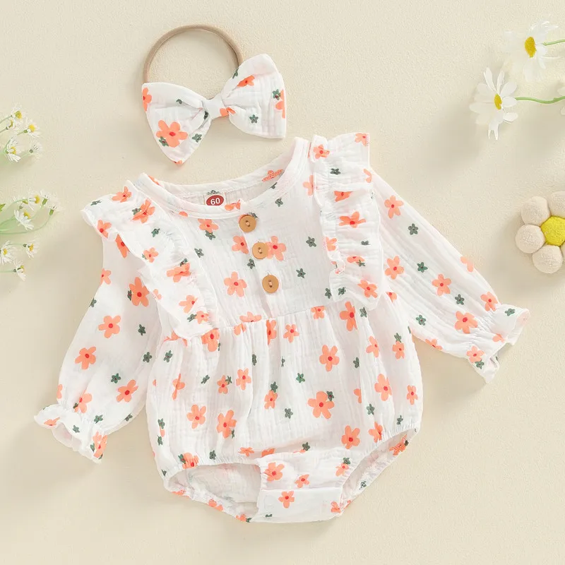 Newborn Baby Girl Bodysuit Outfit Autumn Clothes Long Sleeve Crew Neck Floral Romper with Hairband Fall Clothing