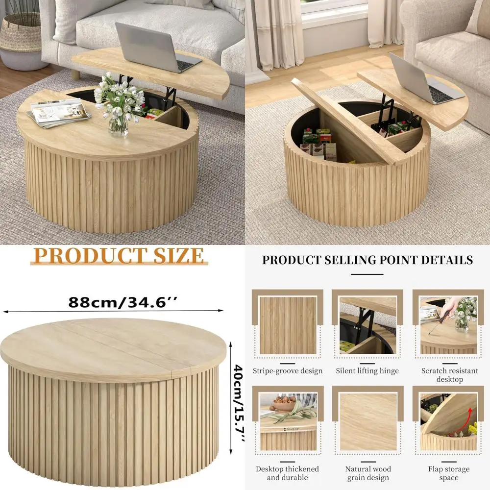 

Круглый журнальный столик с подъемной столешницей в стиле фермерского дома и местом для хранения, диаметр 34,6 дюйма, деревянный акцентный столик для гостиной