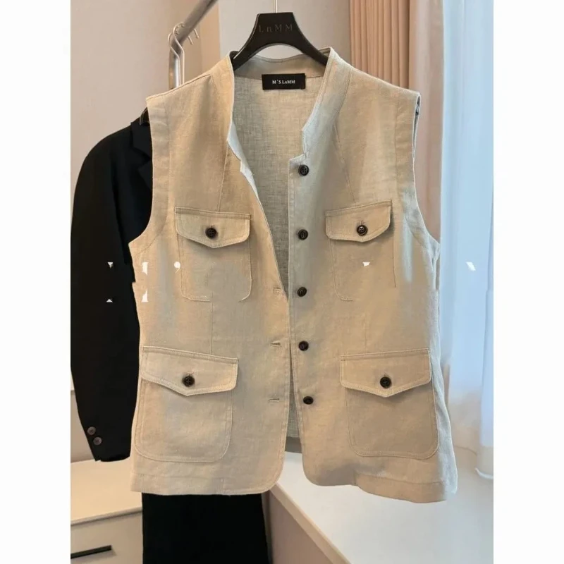 Women Old Money Style Linen Workwear Vest Stand Collar Multi Pocket Sleeveless Oversized Outerwear