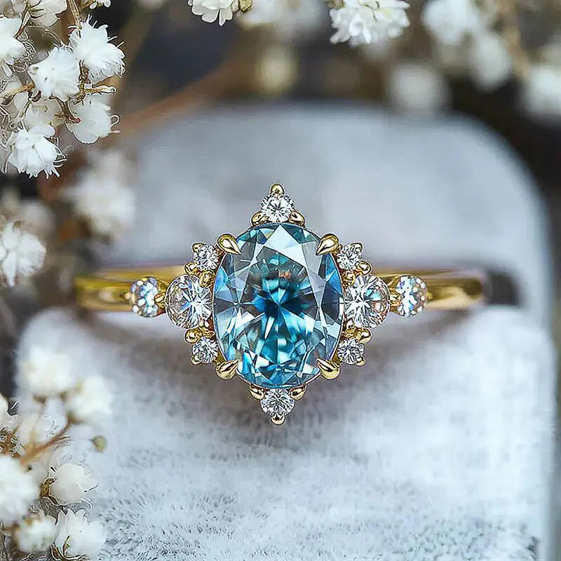 Huitan Eleganter Damenring für Hochzeit, Verlobung, luxuriös, mit hellblauem CZ-Stein, Party-Accessoires, zarter Damenschmuck, Geschenk – Detail 5