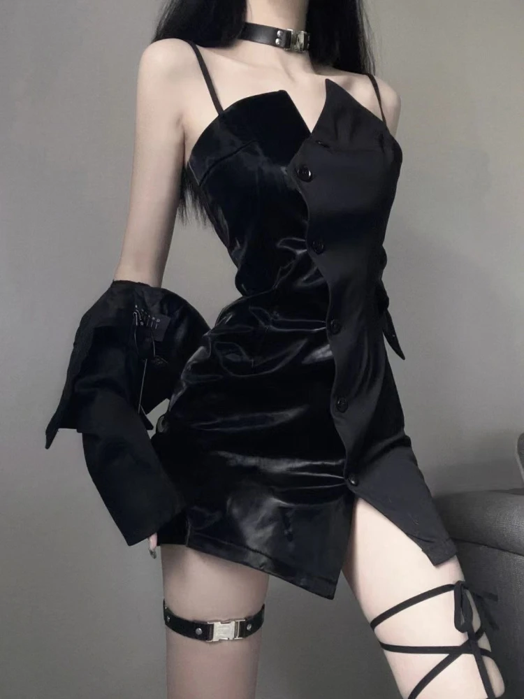 ハロウィン ゴシック ダークドレスセット レディース セクシー ブラック イレギュラー ミニドレス + ショートコート パンク グランジ ヴィンテージ パーティー Y2K スーツ 秋