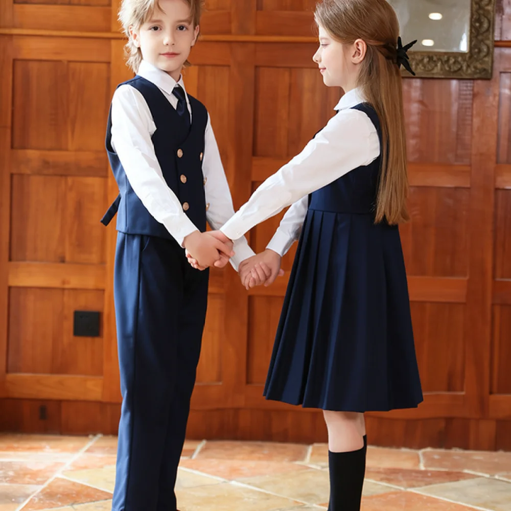 Kids British Style School Uniform Set Vest Long Sleeve Shirt Children Primary Student Performance Wear