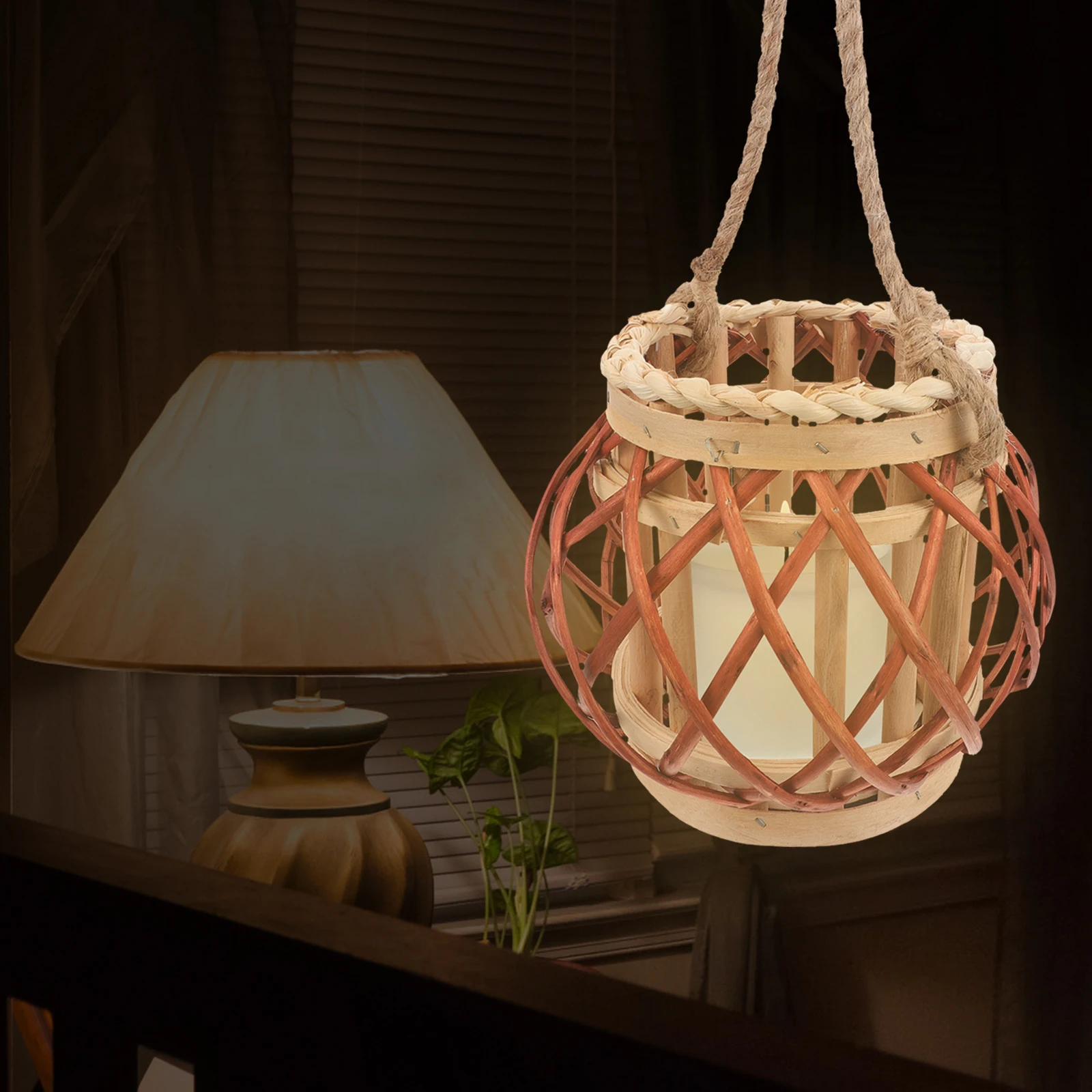

Woven Lantern Decorative Holder Small Willow Home Ornament Vintage Hanging Tea Light Stand Bamboo Container Solar