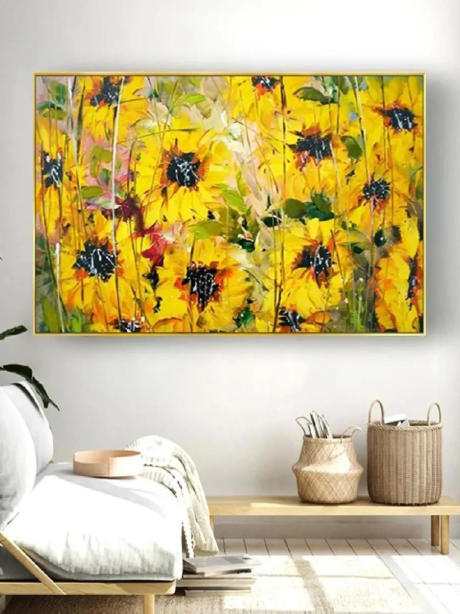 لوحة زيتية مصنوعة يدويًا على قماش عباد الشمس ، لوحة جدارية زهرية صفراء لديكور المنزل الحديث ، عمل فني أصلي مثالي للعيش