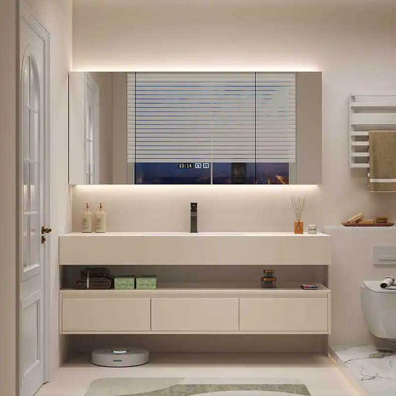 Kabinet kamar mandi modern 2025 dengan wastafel tunggal, kabinet kamar mandi khusus, terpasang di dinding, keramik persegi