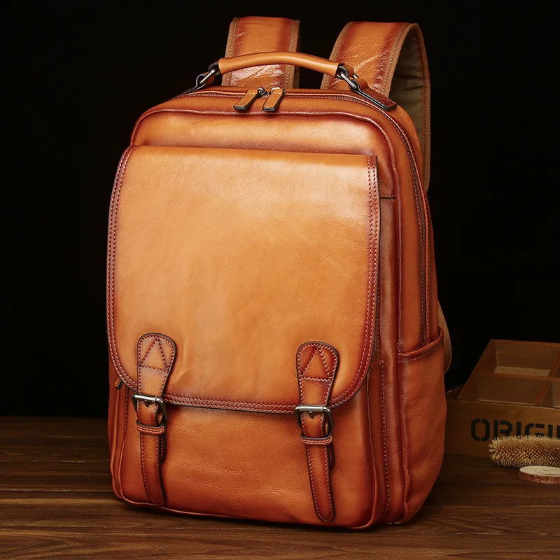 Tree Cream Cowhide Backpack for Men\'s Advanced Head Layer Leather Large Capacity Casual Wearable Trolley Case Computer Bag