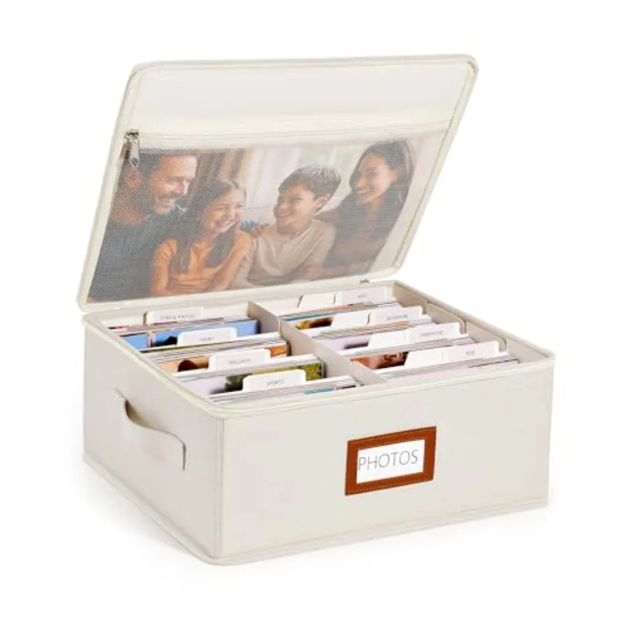 

Photo Storage Box with Lid Dividers, Linen Photo Organizer for up to 2000 4x6 Pictures, Keepsake Memory Box with Side Handle fo
