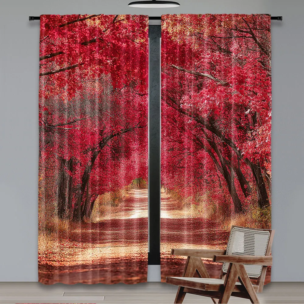 2Pcs Curtain Autumn Maple Leaf Forest Tree Scenery Curtain Thanksgiving Party For Living Room Bedroom And Many Other Occasions