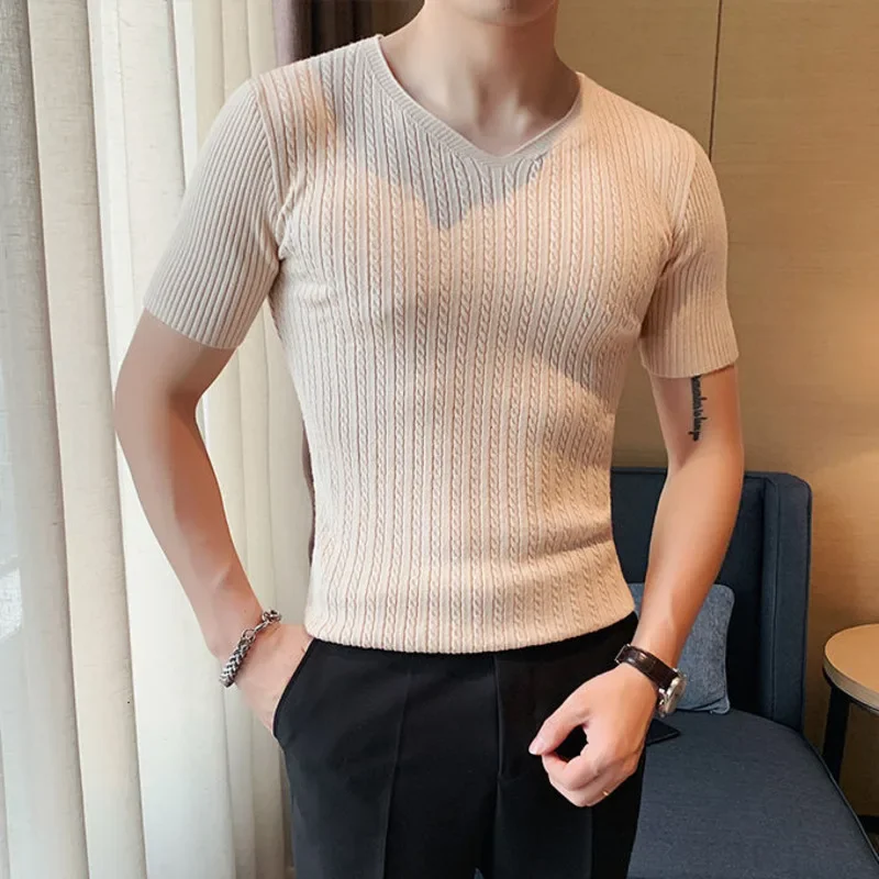 

British Men's Korean Slim Fit V-neck Men Tshirt Social Club Casual T-shirt Solid Color Short Sleeve Knitted Base Tshirt For Men