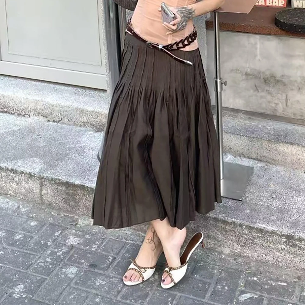 

Linen-Blend Women's Skirt Y2K Side Zipper High-Waisted Retro Commuter A-Line Pleated Skirt Fall 2025 New Arrival