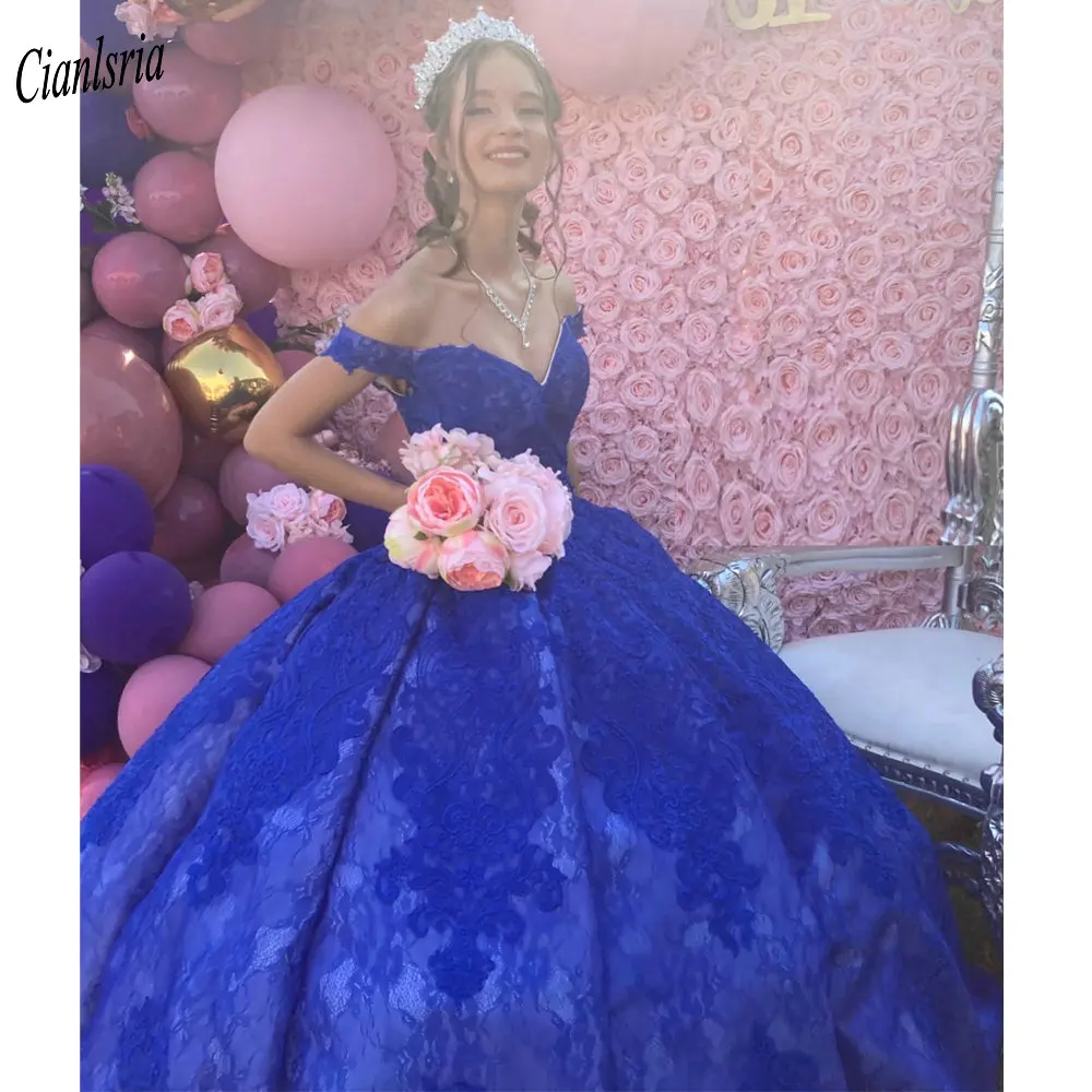 Vestido de fiesta de Quinceañera de encaje, sin mangas, con escote en forma de corazón, color azul real, 15