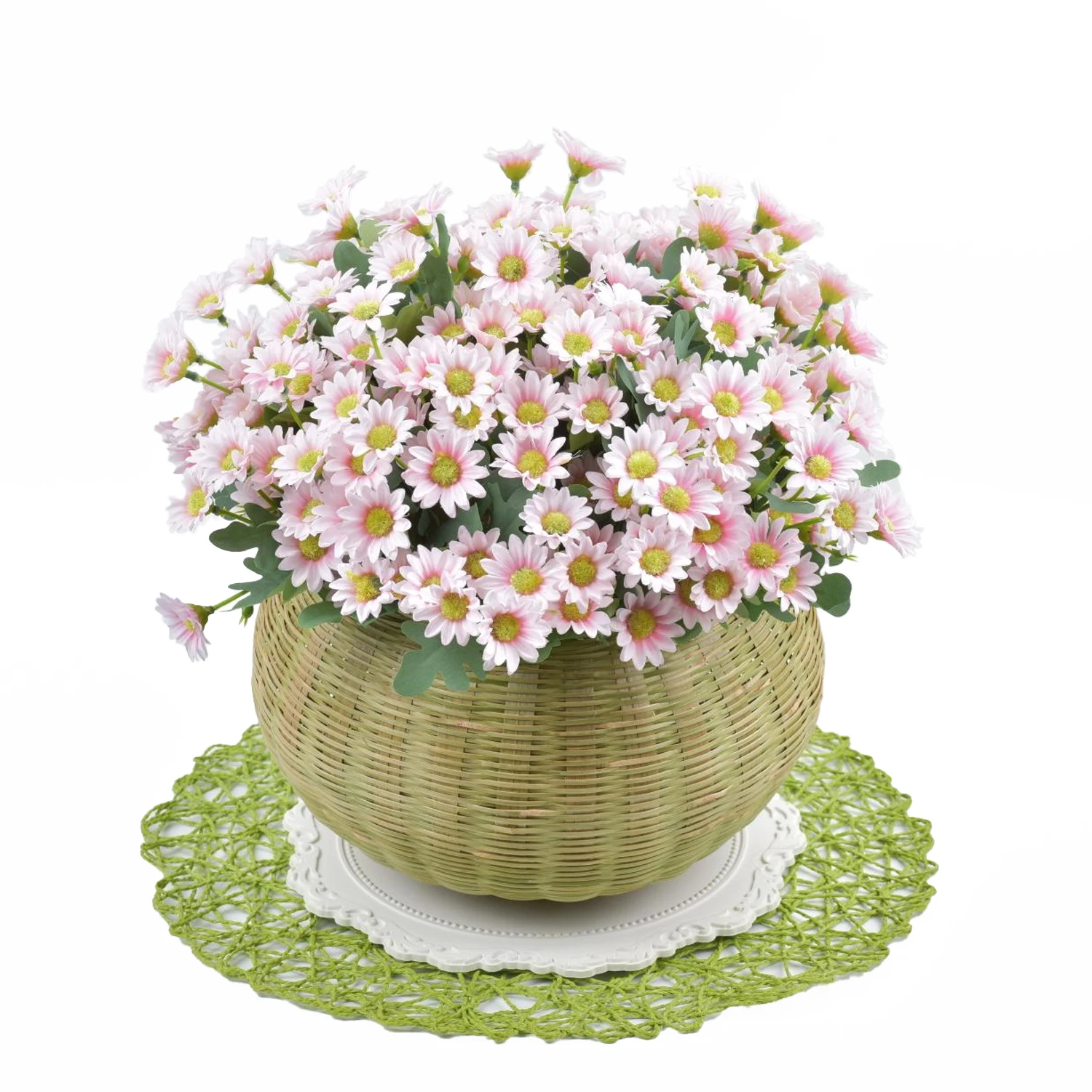 Round Rattan Boxes with Lid Hand-Woven Multi-Purpose Wicker Basket Garden Pot Plants Holder Match With Simulation Flowers