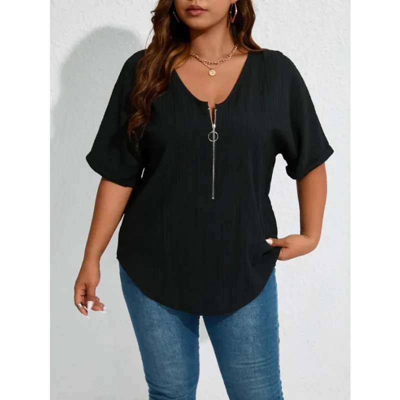 Plus Size Letnia damska bluza z kapturem Prosty jednolity kolor Modna bluza z kapturem z krótkim rękawem i zamkiem błyskawicznym Wakacyjna bluza z