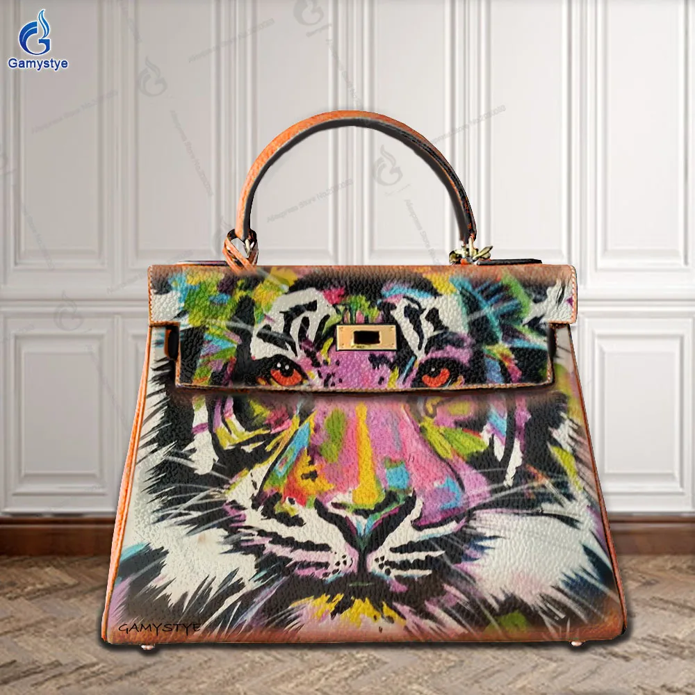 

Ladies Hand Bag Female Carteras Para Mujer De Moda Originales Camouflage Tiger Print 100% Really Cow Leather Art Oil Graffiti Pa