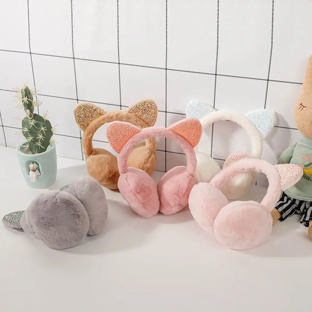 Orejeras de gato a prueba de viento con lentejuelas brillantes y gruesas a la moda para exteriores, diadema más cálida de felpa coreana, cubierta para las orejas de invierno, orejeras para mujer